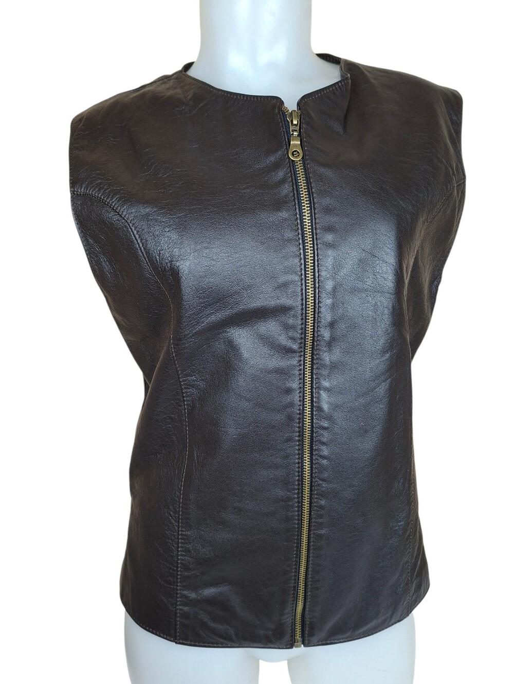 Vintage Dark Brown Soft Leather Vest Womens Zip Front Lined Biker Western
